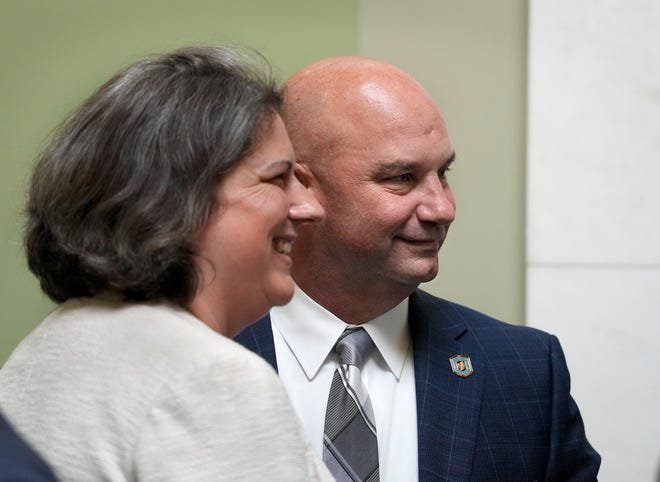 Wayne Salisbury Jr. was approved as the new director of the state Department of Corrections in the Senate's final session this year on June 13. He is seen that evening with Sen. Dawn Euer, D-Newport, Jamestown, chairwoman of the Senate Judiciary Committee.